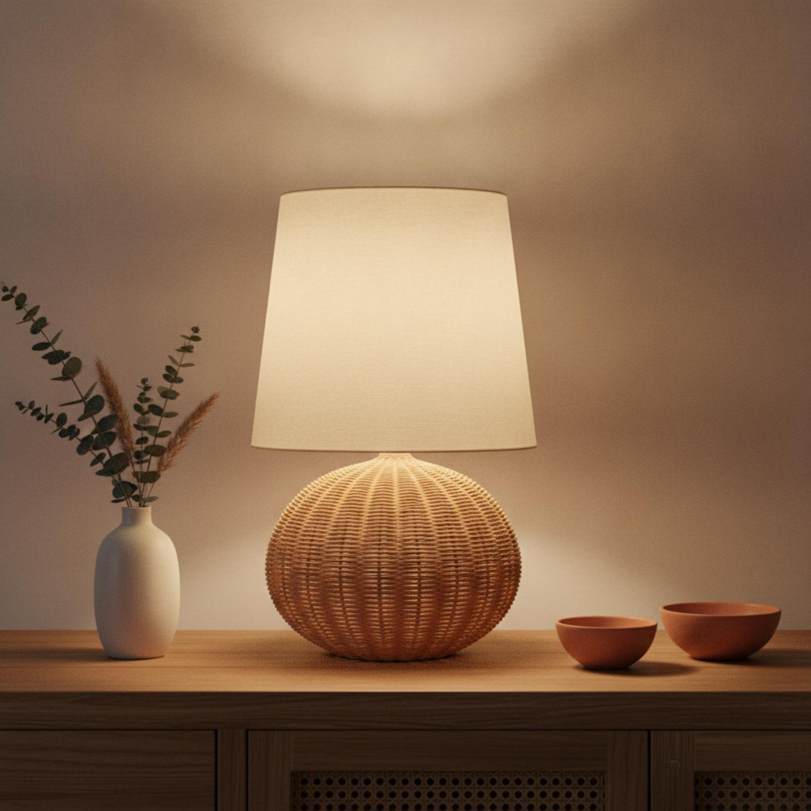 Bedside Lamp Rattan Base Fabri - Decor Lighting Table Lamps 评论和价格