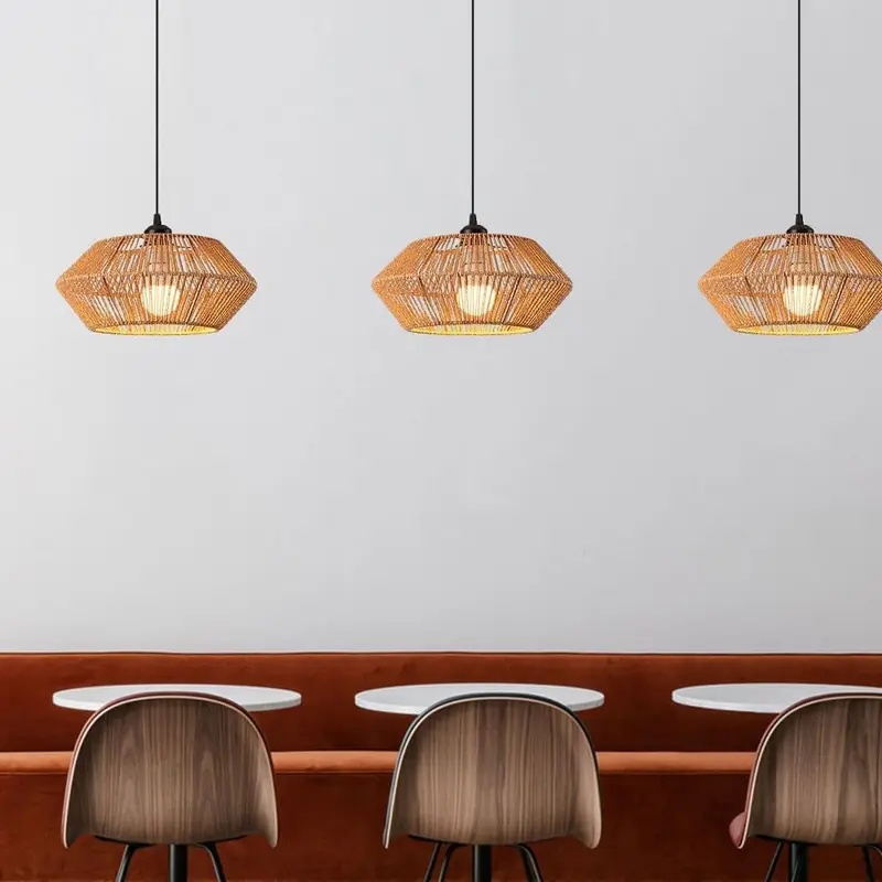 Boho Rattan Woven Pendant Ligh - Geometric Lamp Shade 评论和价格