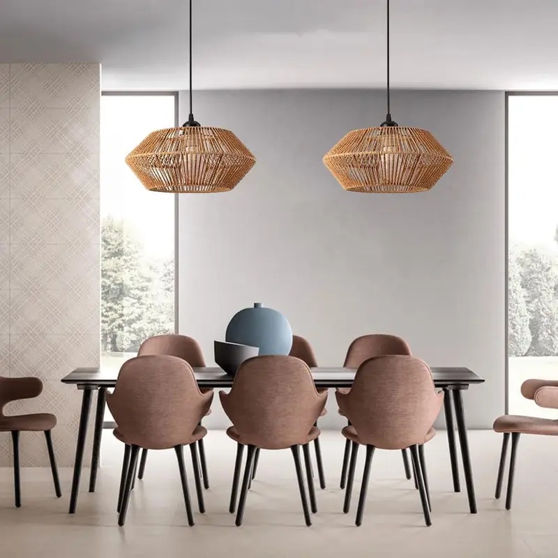 Boho Rattan Woven Pendant Ligh - Geometric Lamp Shade 评论和价格